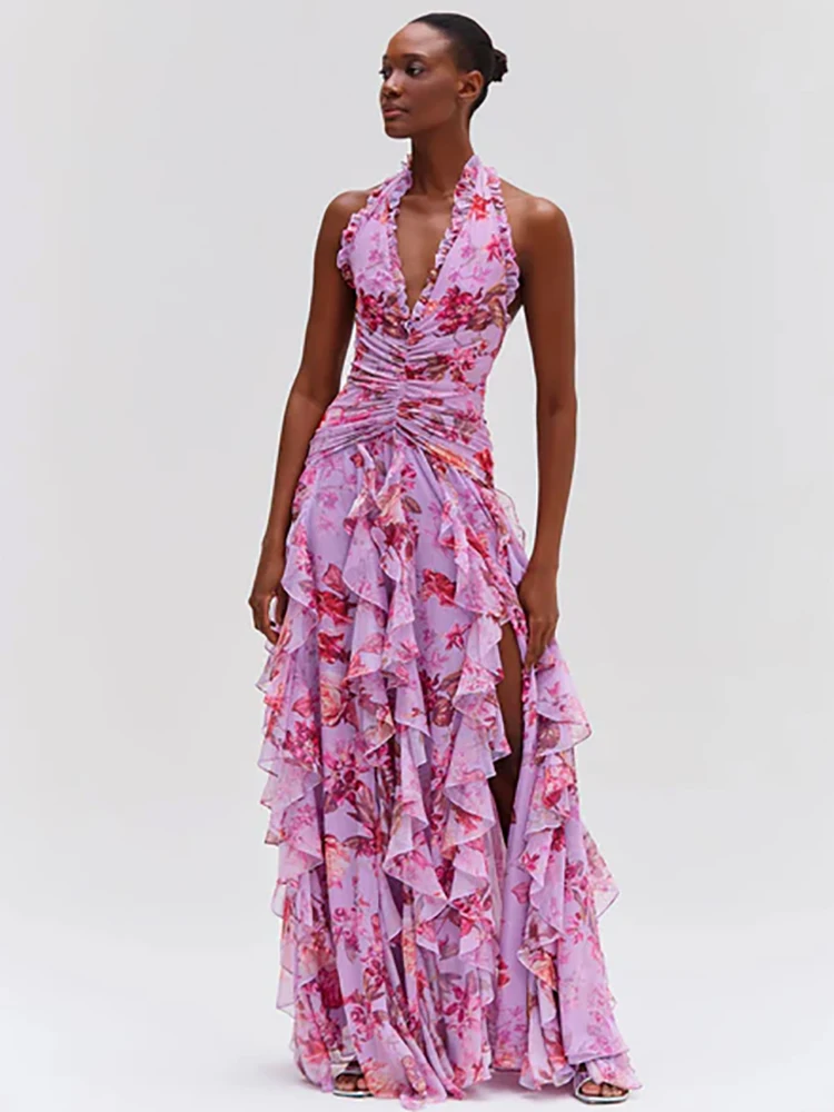 Abito lungo da donna elegante con stampa floreale alla caviglia, spacco alto, fluido, da festa estivo, corpetto increspato alla moda, design con scollo a V profondo