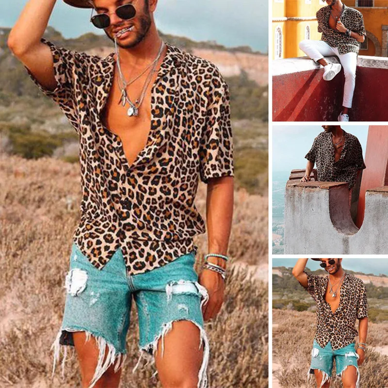 

Trendy Leopard Print Men's irt Breathable Moisture ng Stand Fit ort Sve Cleanfit Ciwalk Suitable for Middle-...