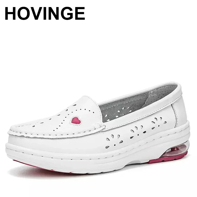 HOVINGE White Genuine Leather Platform Loafers Women Nurse Shoes Round Toe Slip-on Thick Flats Breathable Soft Cowhide Chunky