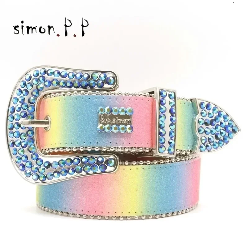 Shiny Silver Leather Bb Simon Women Belt with Western Rhinestone Border for Mens Retro Diamond Buckle Belt and Denim Belt 240910