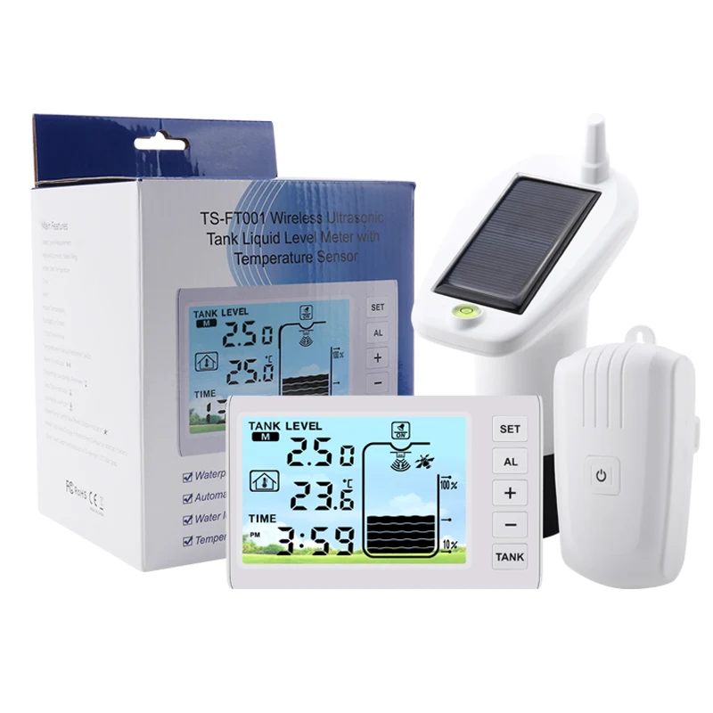 Solar Powered Ultrasonic Líquido Nível Gauge Profundidade do Tanque de Água Monitor de Temperatura Auto Água Adição Despertador Ts-ft001 Ip65