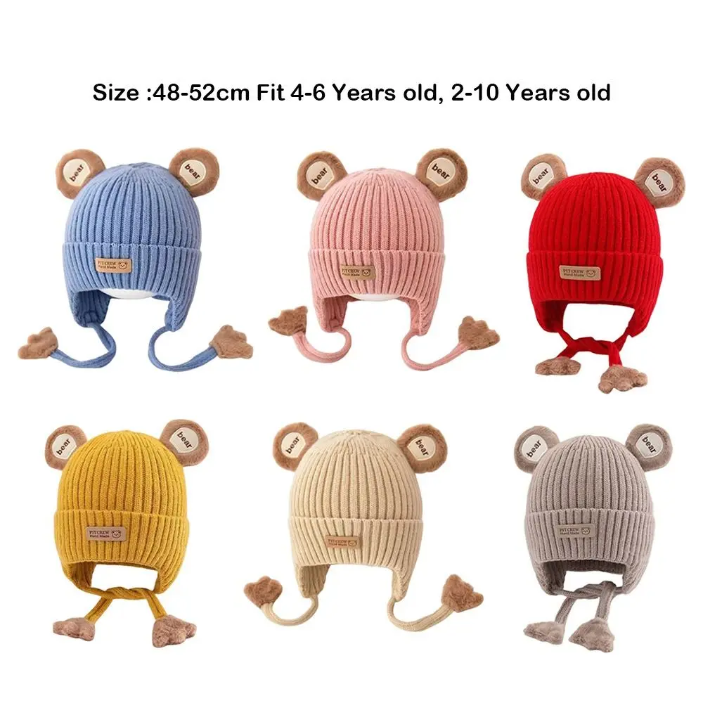 Шапка-бини с милым медведем для малышей, хлопковая подкладка, вязаный материал, детская антихолодная шапка со шнуровкой, теплая ужина
