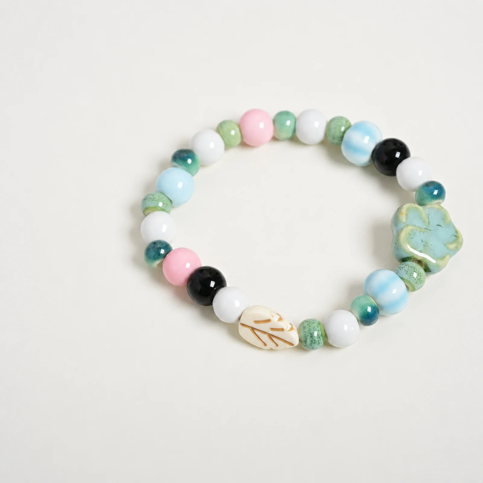 Mint Leaf Flower Handmade Ceramic Beaded Stretch Bracelet Handwoven Elastic Cord Floral Leaf Charm Jewelry Wrist 608P12-17
