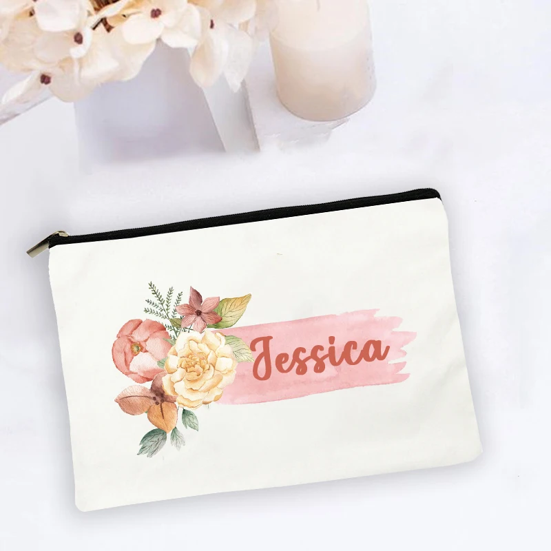 Bolsa de maquiagem personalizada flor personalizada com nome estojo cosmético organizador de produtos de higiene pessoal de viagem presentes de