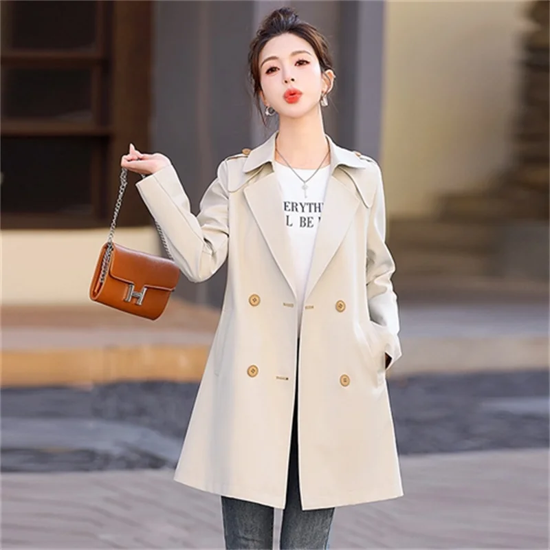 

2026 корейский плащ, женская ветровка средней длины, весенне-осенняя двубортная верхняя одежда с разрезом, повседневные уличные пальто