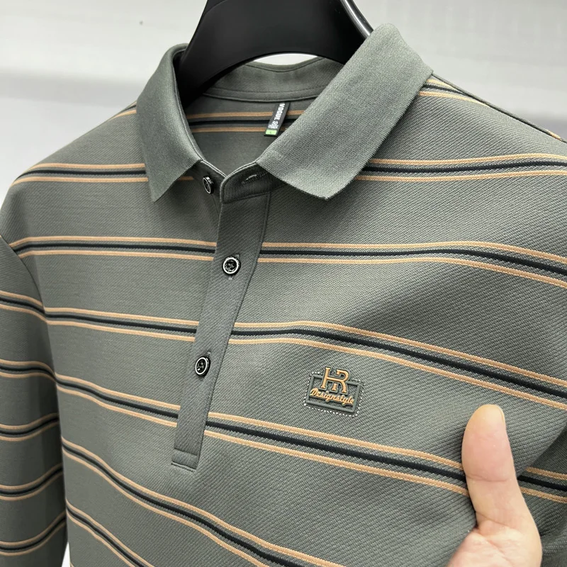 Light luxury brand striped long sleeve polo shirt men autumn trend embossed design T-shirt casual business Paul men's clothing