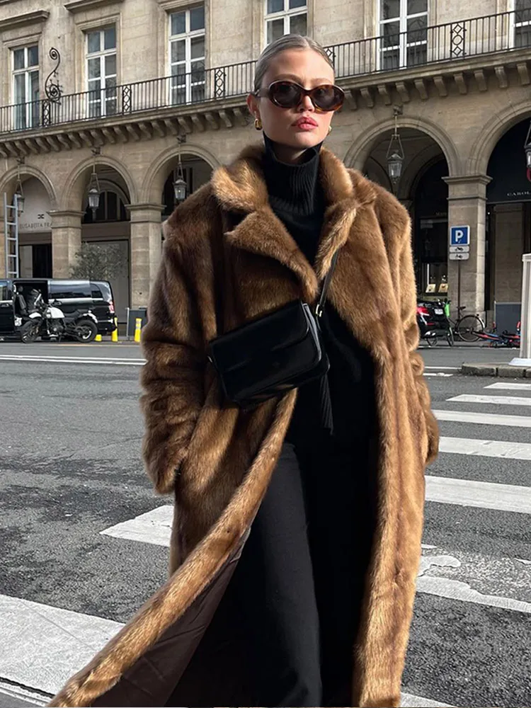 Brown Thicken Faux Fur Overcoat For Women Fashion Oversize Long Sleeve Lapel Long Coat 2024 Winter New Elegant Street Outerwear