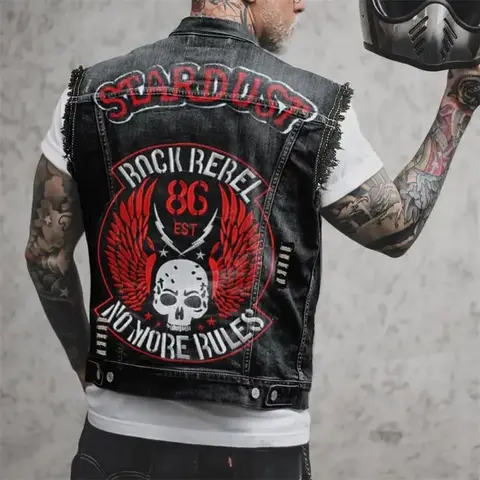 Men's Denim Street Motorcycle Show Vest Spring And Autumn New Retro Gothic Rock Print Design Fashion Casual Plus Size Waistcoat