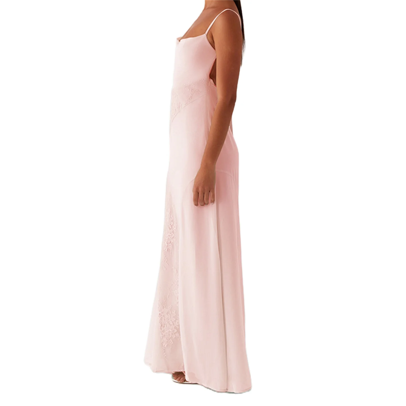 المرأة الصيف أنيقة الساتان الدانتيل المرقعة فستان ماكسي مثير بلا أكمام عارية الذراعين السباغيتي حزام Bodycon شبل فساتين الحفلات #1