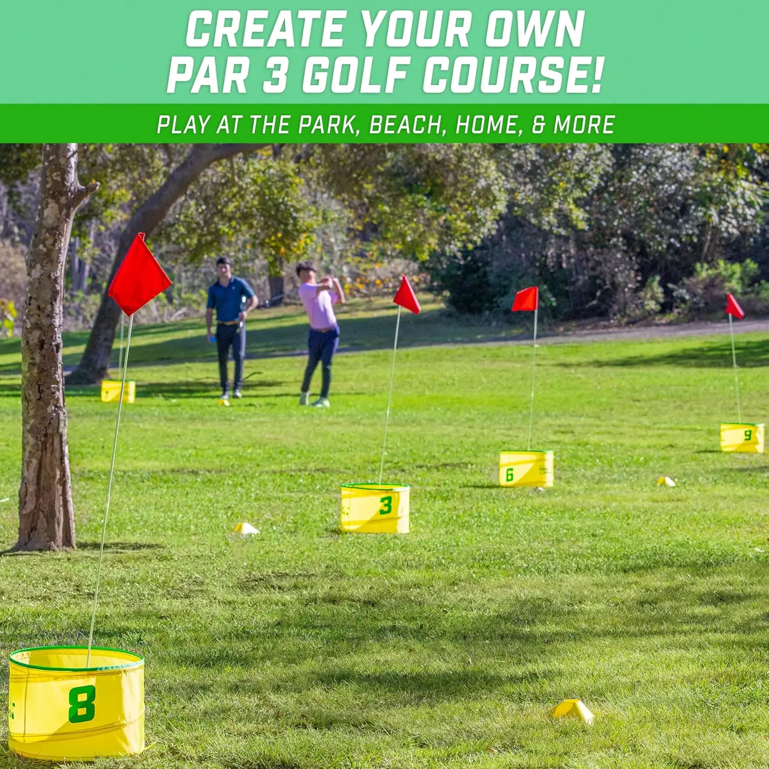 Yard Links Golf Game with Buckets, Tee Markers and Balls - Choose 3, 6, or 9 Hole Course