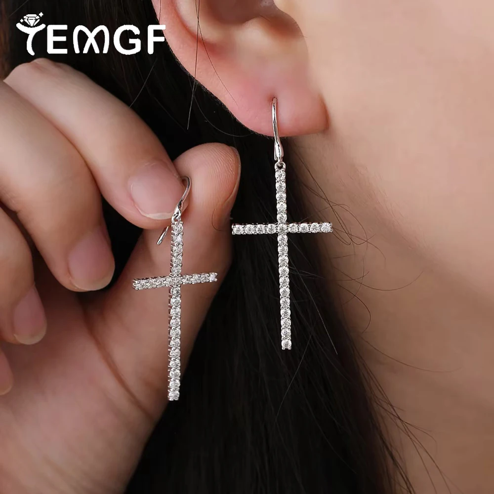 

TEMGF Full 1.8mm Moissanite Earrings GRA Certification S295 Sterling Silver Unique Cross Design Simple Fashion Jewelry for Women