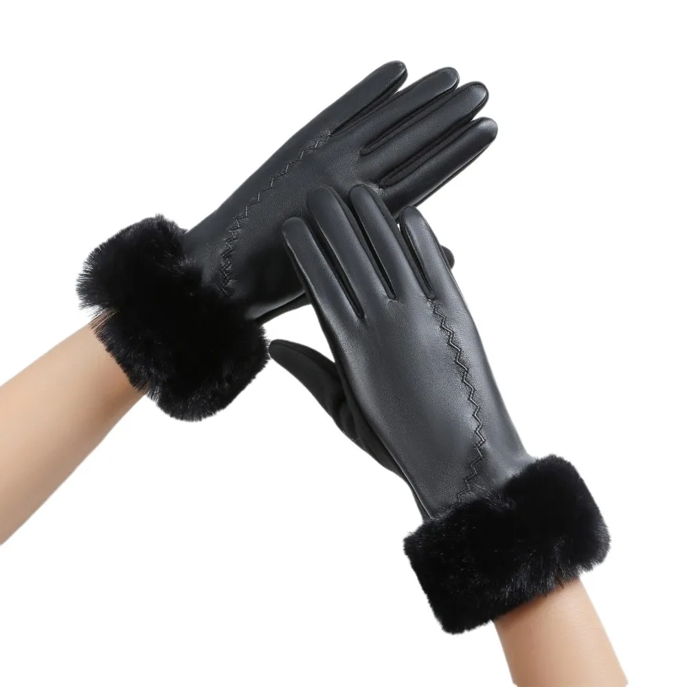 Fleece Lined Leather Gloves Fur Cuff Anti-splash Water Touchscreen Gloves Soft Texture Solid Color Thermal Handwear Cold Weather