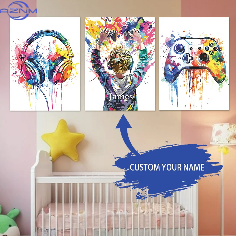 Custom 3pcs Name Frameless Wall Art Set- Personalized Gamer Gift Canvas Prints, Theme Posters for Nursery, Kids Boys Room, Bedro view 4