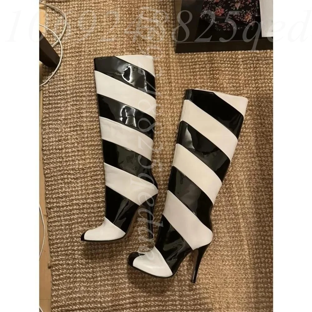 

Women's Black & White Diagonal Stripe Split Toe Peep Toe Knee High Boots, Stiletto Heel Patent Texture Tall Boots Unique Design