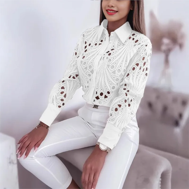 Women\'s Black White Office Blouses Spring Autumn Versatile Commuting Fashion Lace Hollow Long Sleeve Shirt For Women Clothing