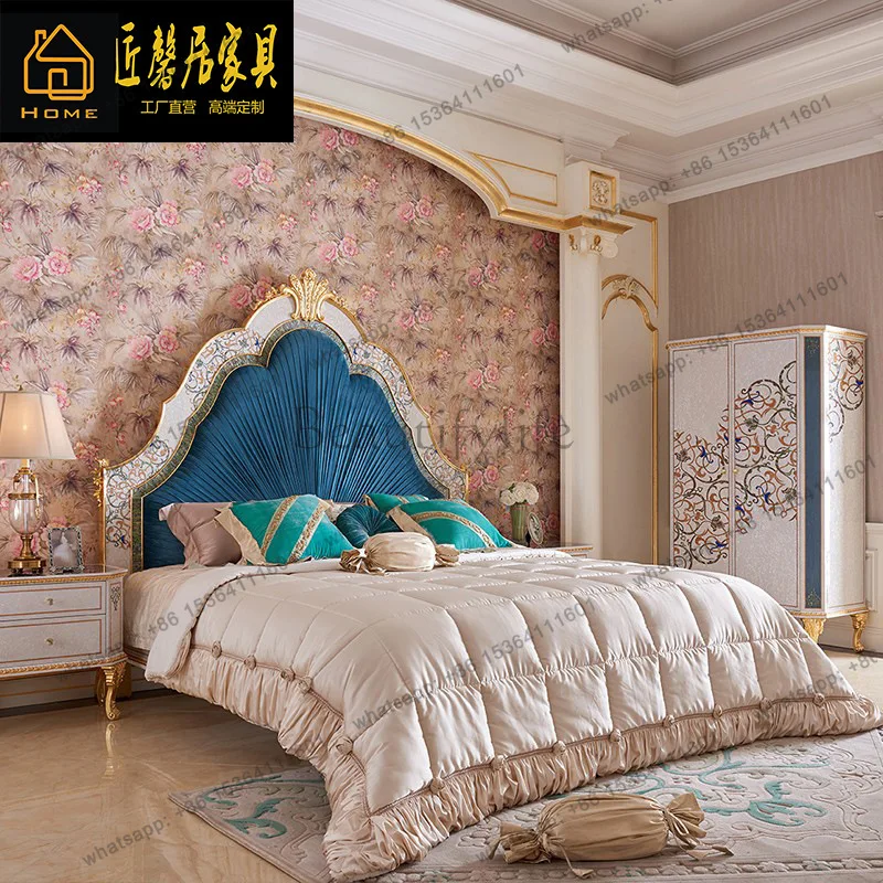 French shell inlay parquet mahogany blue master bedroom wedding bed 1.8m double bed