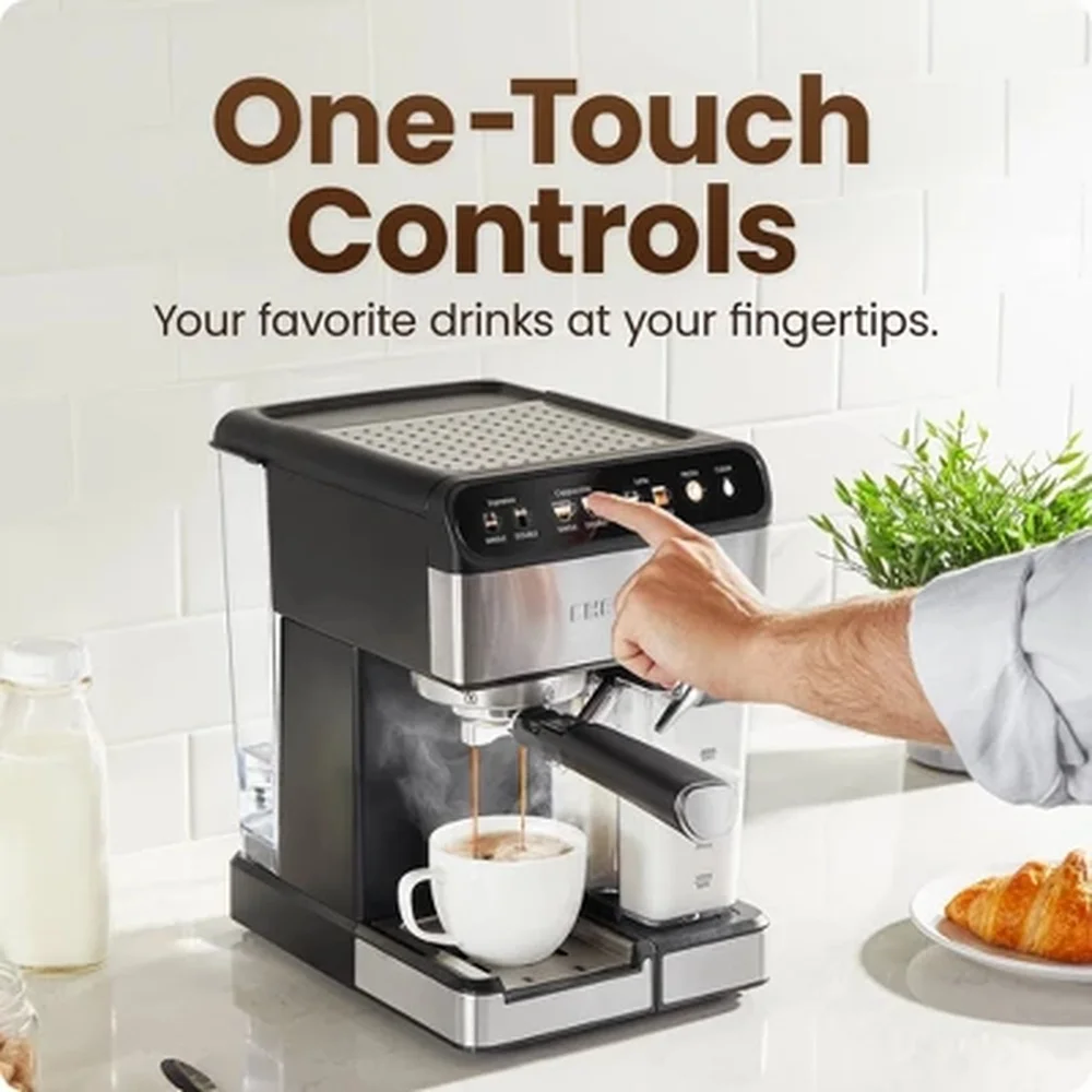 6-in-1 Electric Espresso Maker 1350W Stainless Steel Coffee Machine with Built-in Frother 20-BAR Pump 1.8L Reservoir