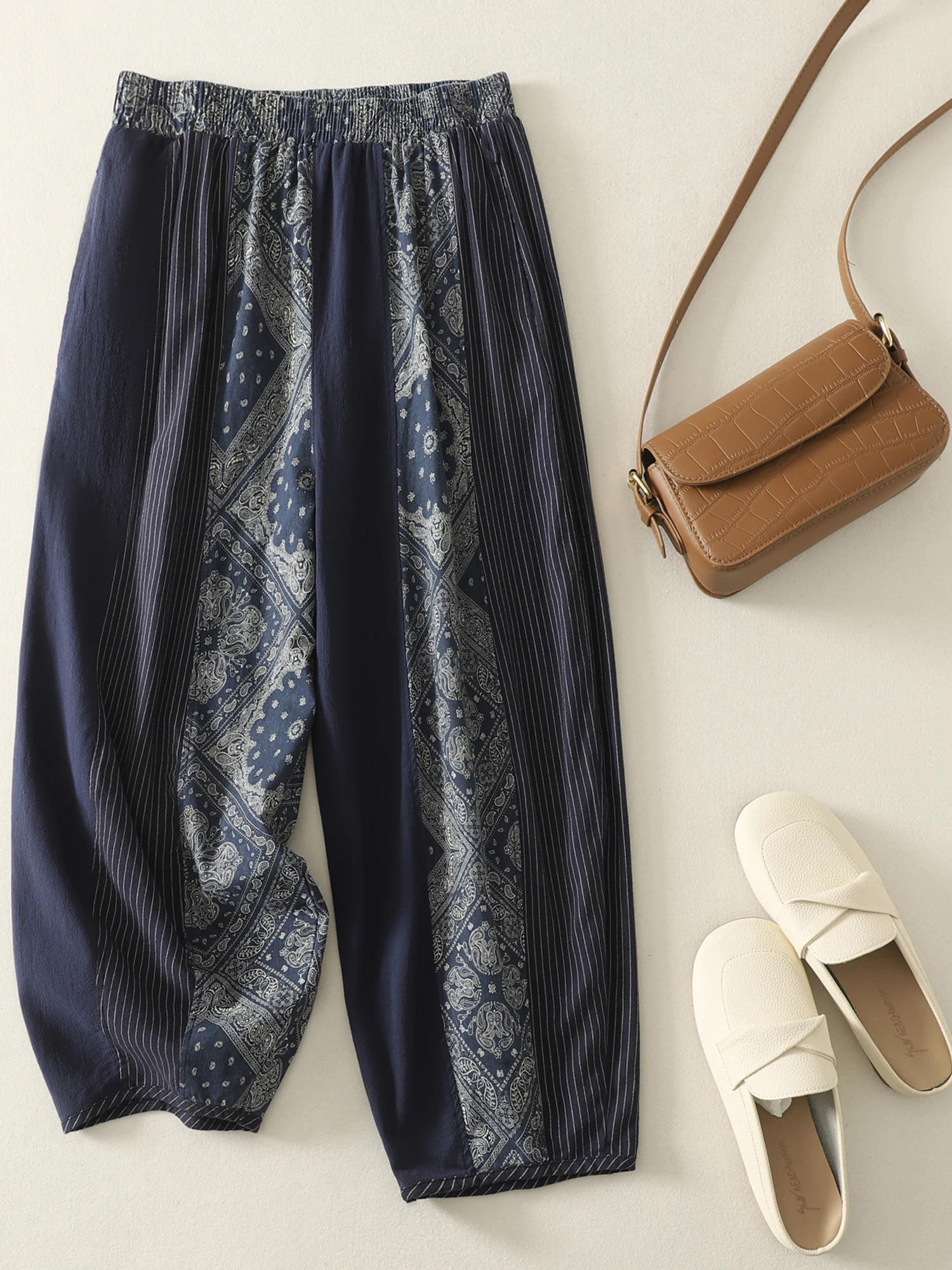 

Vintage Large Size Women's Harem Pants Cotton Linen Print Patchwork Nine Points Slimming Casual Loose Fit Trousers