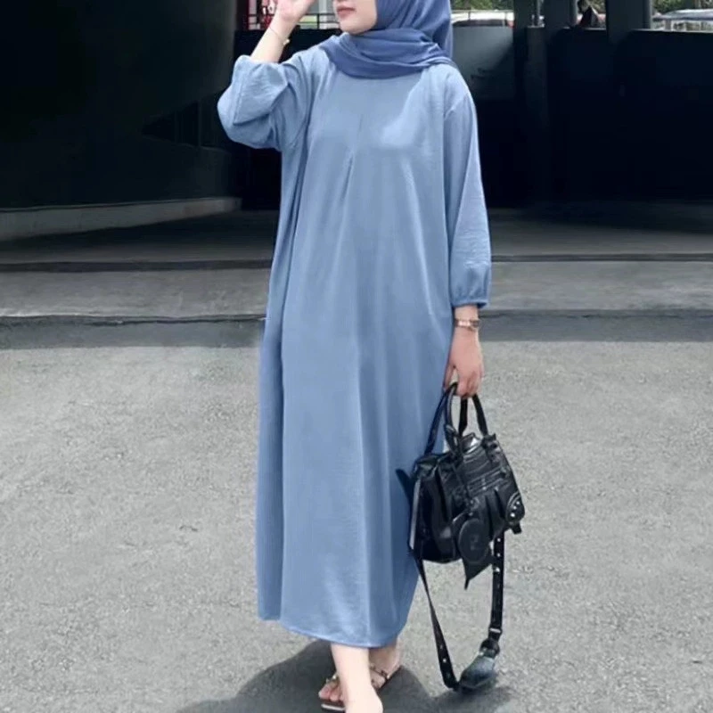 Middle Eastern Muslim Luxury Fashion New Women's Bubble Sleeve Solid Color Tank Top Robe Women's Casual Loose Long Dress