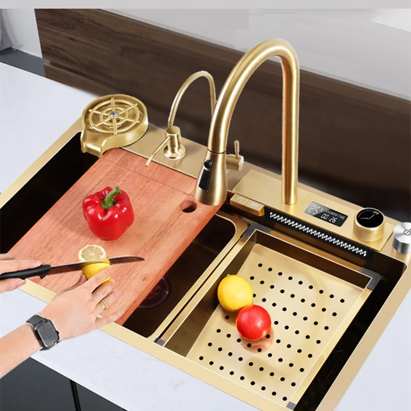 Gold Nano SUS 304 Piano Digital Display Waterfall Faucet Kitchen Sinks