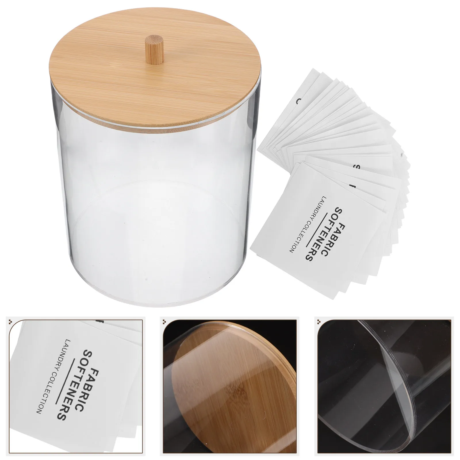 

Clear Acrylic Dryer Sheet Holder with Wood Lid Transparent Round Tissue Dispenser 27 Labels Laundry Room Organization Storage