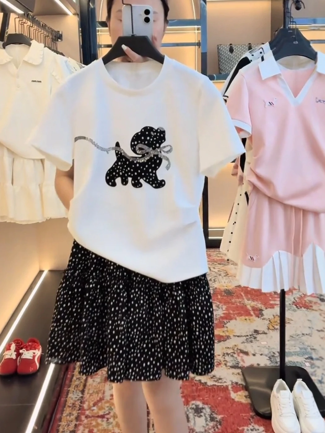 

Summer New Polka Dot Dog Print Short Sleeve T-Shirt And A-Line Skirt Women's Fashion Set High Waist Breathable Casual Wear