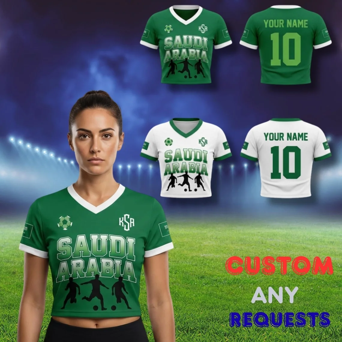 Saudi Arabia Soccer Crop Top Jersey, Women's Football Fan Apparel, Custom Name Shirt Football Fan Shirt, Women's Sports T-Shirts