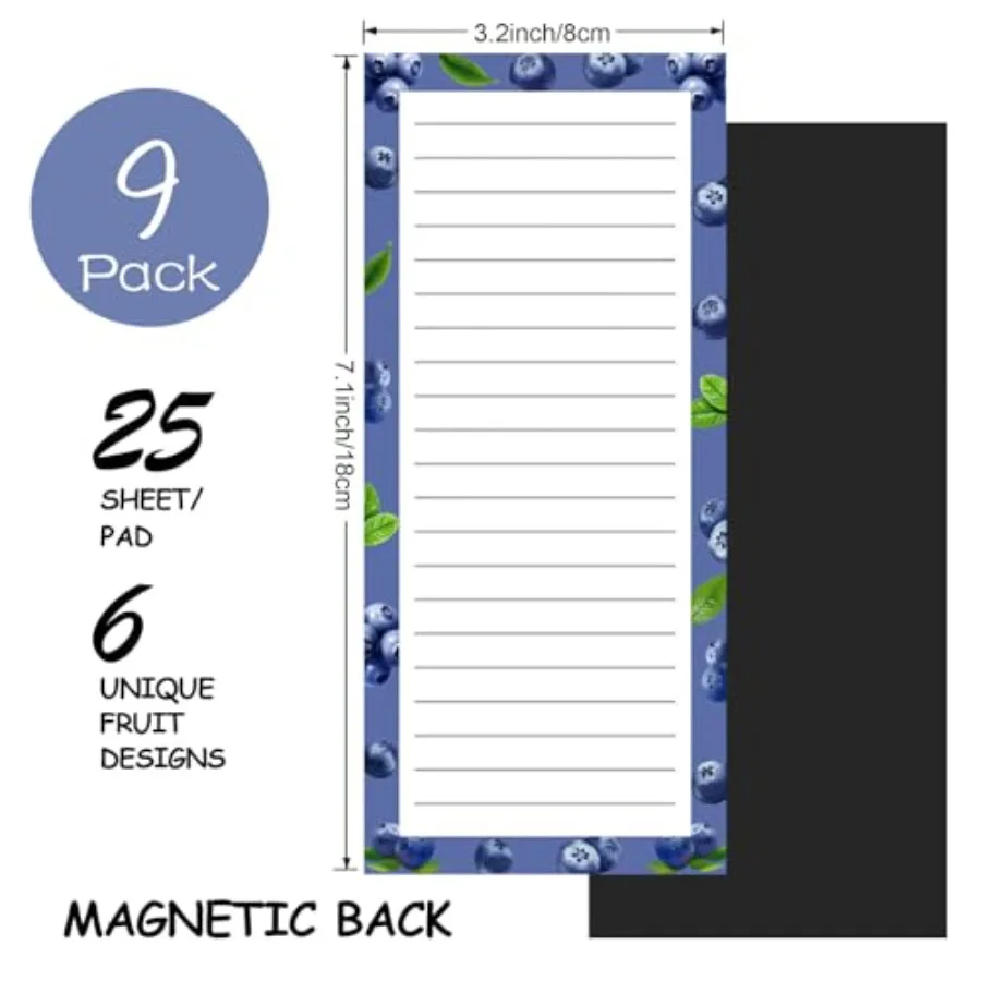 9 Pack Magnetic Notepads for Refrigerator, Magnetic Notepads for Refrigerator, Fruit Design Grocery List Pad for Fridge, Full M