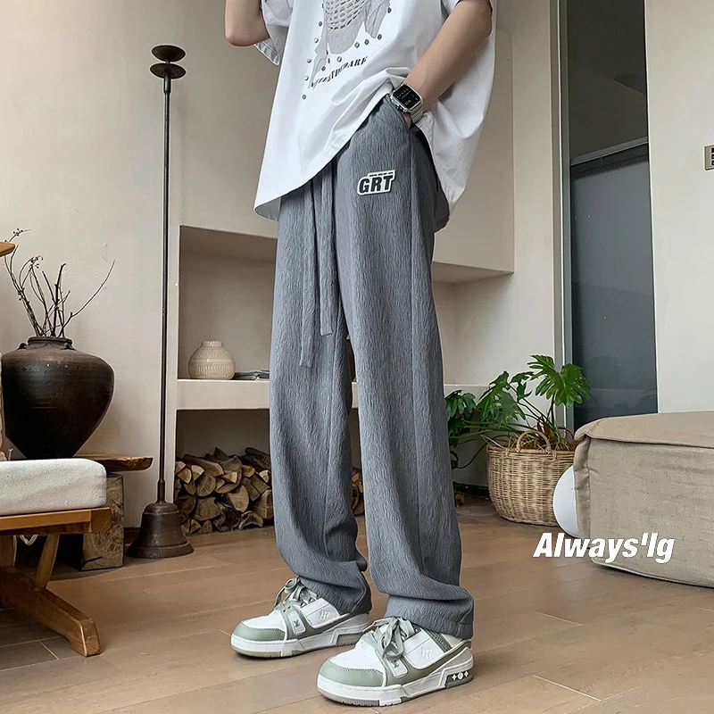 

Премиальные летние мужские брюки из ледяного шелка, тонкие, прямые, повседневные, оверсайз, модные, свободные, широкие штанины, дышащие, комфортные