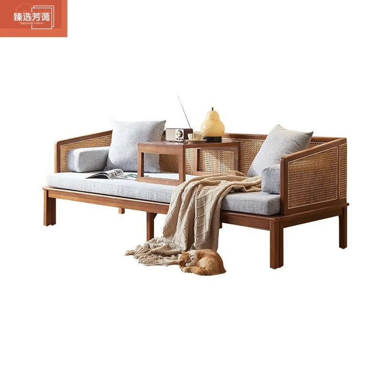 LH antique rattan solid wood sofa bed wabi-sabi wind living room fabric removable sofa