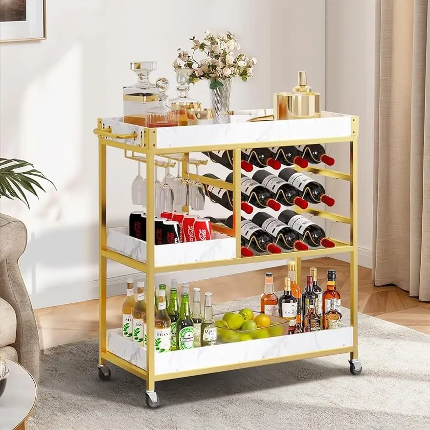 Bar Cart Gold, Rolling Bar Cart on Wheels, Small Bar Cart with 3-Tier White Marble Wood Shelf