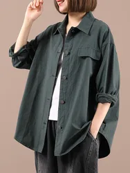 100% Cotton Women Long Sleeve Casual Shirts New Arrival 2022 Autumn Vintage Style Solid Color Loose Female Outerwear B2134