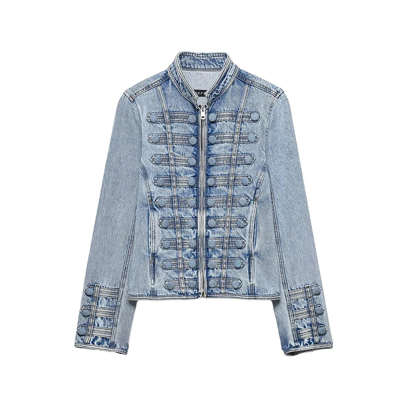 Blue Denim Jacket for Women Retro Button Decoration Waist Cinching Coat 2026 Autumn New Casual Stand Collar Outerwear
