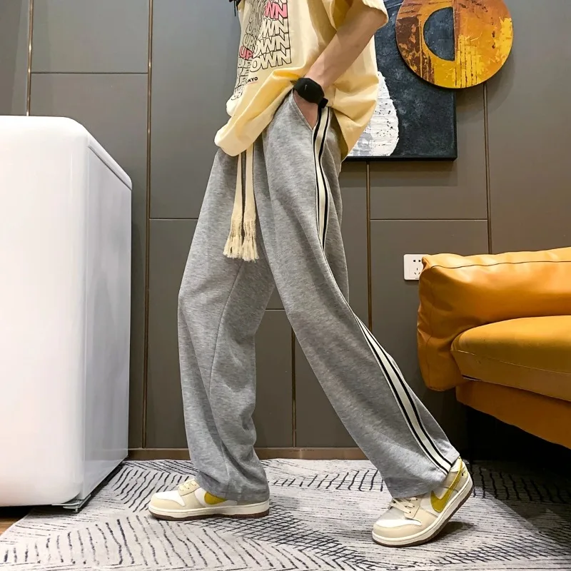 Men's Spring Autumn Striped Elastic High Waisted Solid Pockets Casual Sports Loose Wide Leg Straight Leg Trousers Vintage Pants