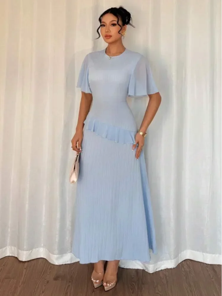 Sólido plissado plissado guarnição maxi vestido feminino em torno do pescoço manga flutter bodycon hem cabido vestidos elegante jantar senhora vestido