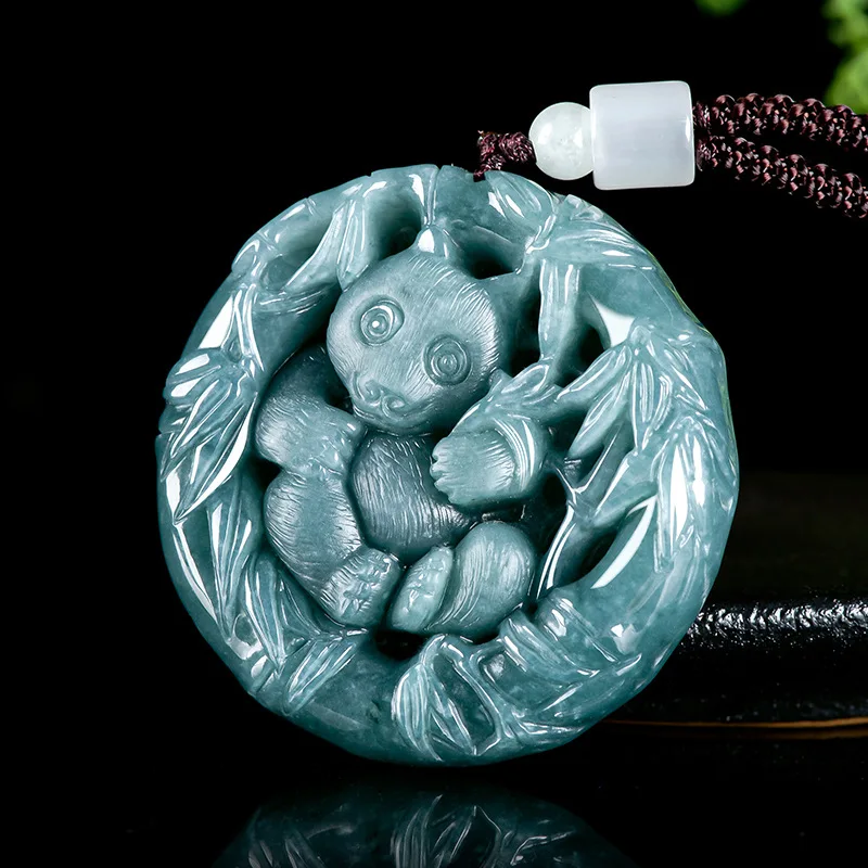 Burmese Jadeite Panda Pendant Necklace Blue Accessories Vintage Luxury Charm Amulet Fashion Carved Gemstone Natural Jade