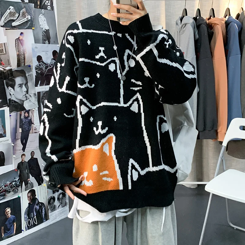 Autumn Men Casual Sweaters Harajuku Oversized Loose Knitted Wear Cute Cartoon Cat Full Pattern Pullovers Teen Boys Clothing