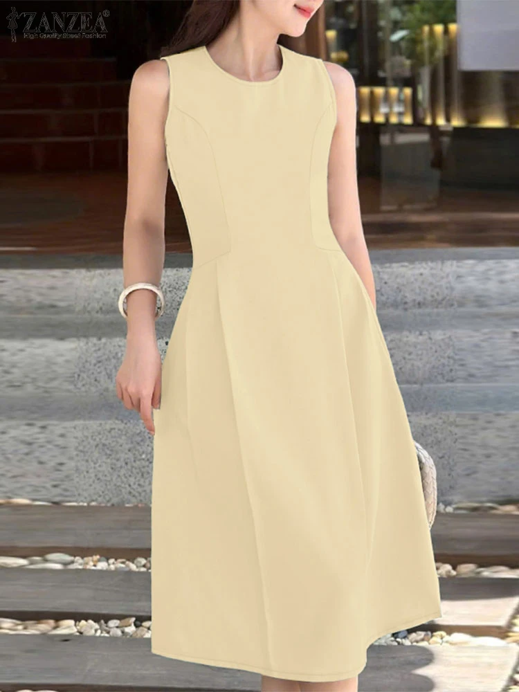 ZANZEA Elegant Office OL Dresses 2025 Women Stylish Party Dress Summer Sundress Short Sleeve Solid Work Midi Robe Waisted Robe