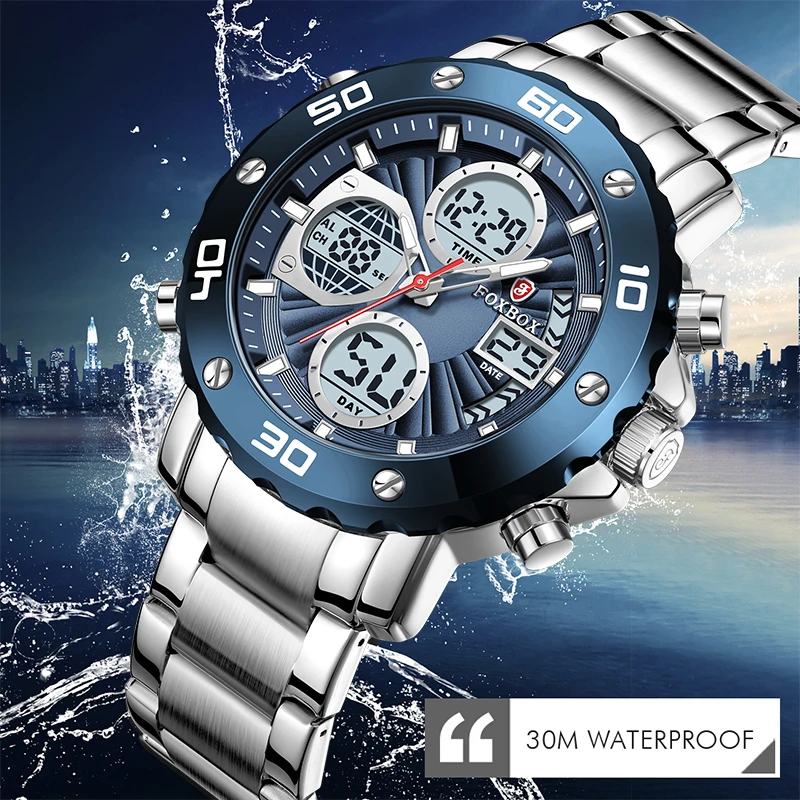 FOXBOX New Top Brand Men Watches Dual Display Stainless Steel 30M Waterproof Sports Digital Fashion Relogio Masculino 2024