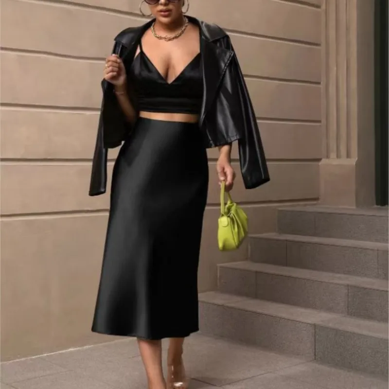 

Летняя шикарная офисная атласная полуюбка миди, женская повседневная элегантная атласная юбка трапециевидной формы с высокой талией и подолом русалки