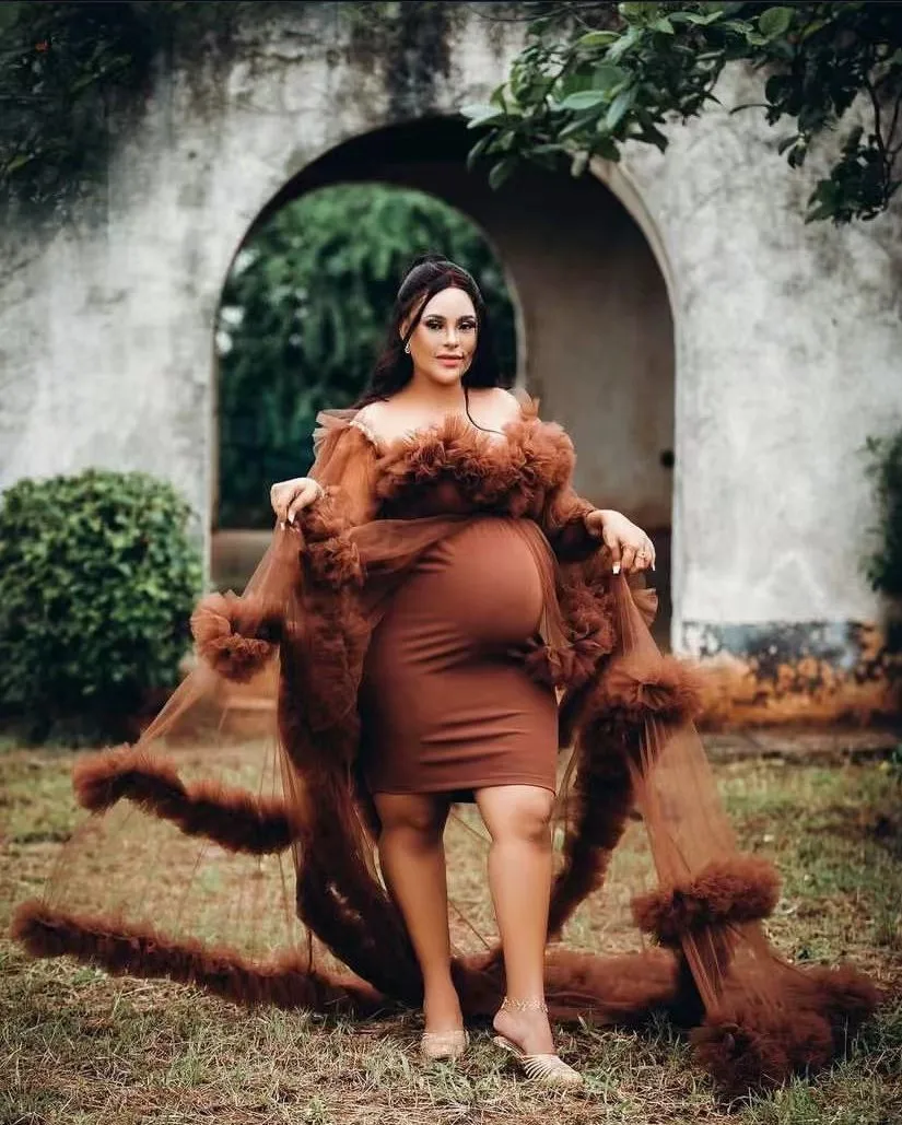 Vestidos de maternidade em camadas longas para mulheres grávidas, mangas completas, vestidos de fotografia babados, ver através, doce festa, fluindo