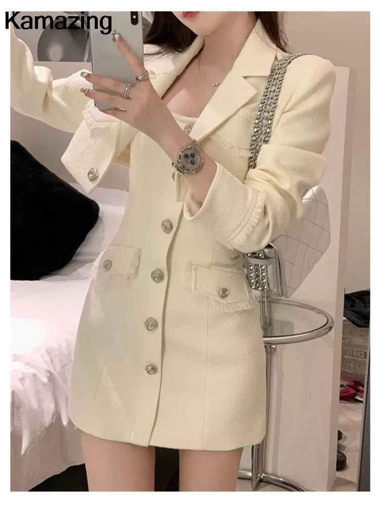 Elegant Autumn New Tweed Two-piece Set Women Long Sleeve Short Jacket Strapless Bodycon Mini Dress Korean Fashion Luxury Outfits