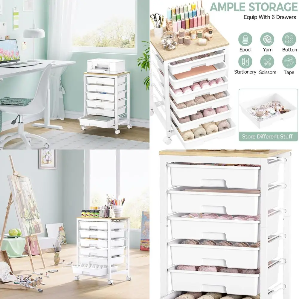 

Тележка на колесиках с 6 ящиками и деревянной столешницей для организации стола, белая