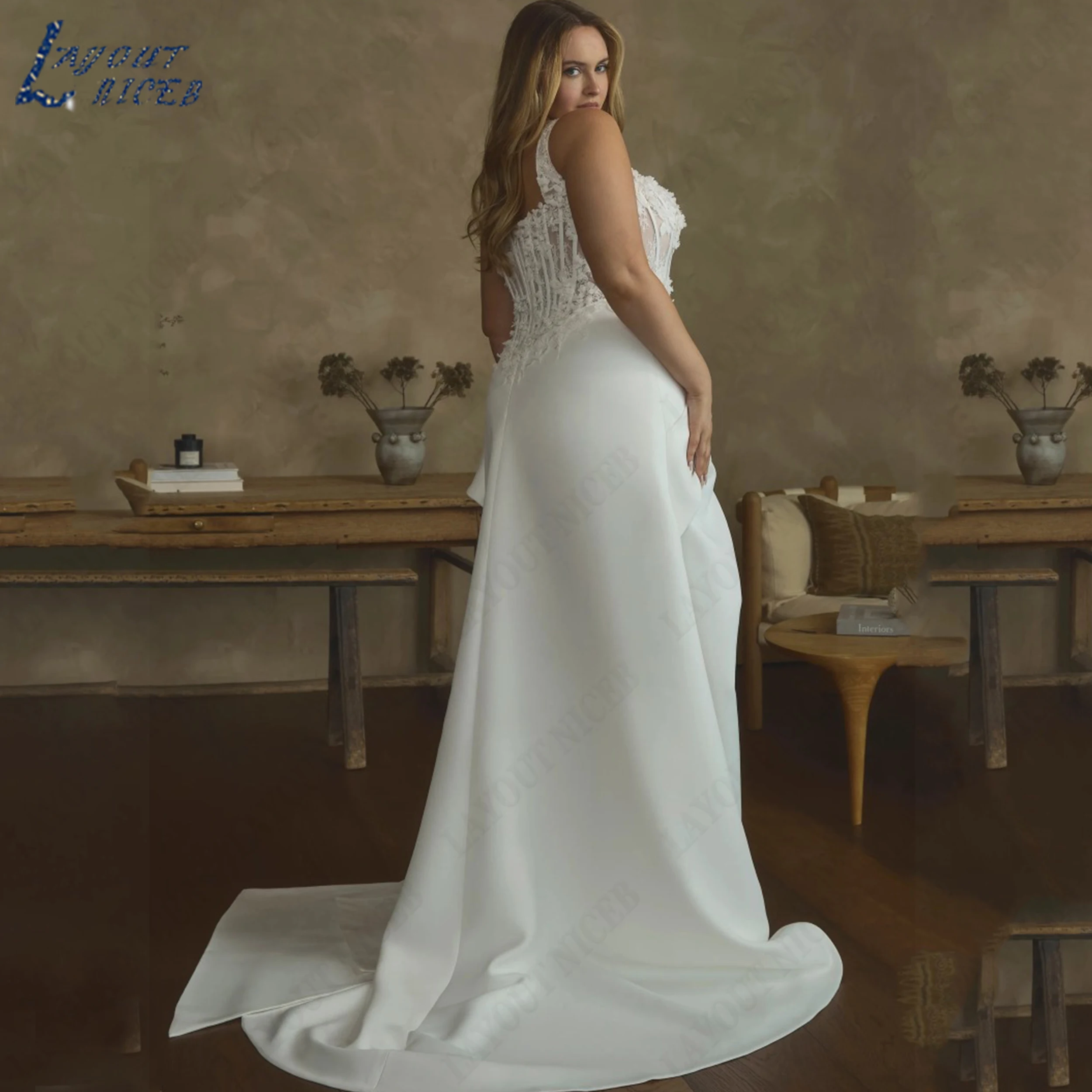 LAYOUT NICEB Customized Square Neck Mermaid Bridal Gown Soft Satin Spaghetti Strap Wedding Dress High Split Bow Bride Dresses