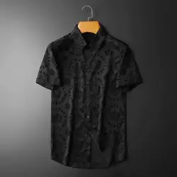 Luxury Black Crown Flocking Short Sleeve Shirt Men Summer Top Shirts Business Formal Dress Camisa Social Masculina Flower Shirt