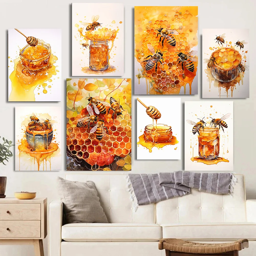 Póster de Abeja Amarilla Dulce y Bonita Recogiendo Panal de Miel para Apicultores, Impresión Artística de Pared, Cuadros en Lienzo, Decoración para el Hogar y la Habitación