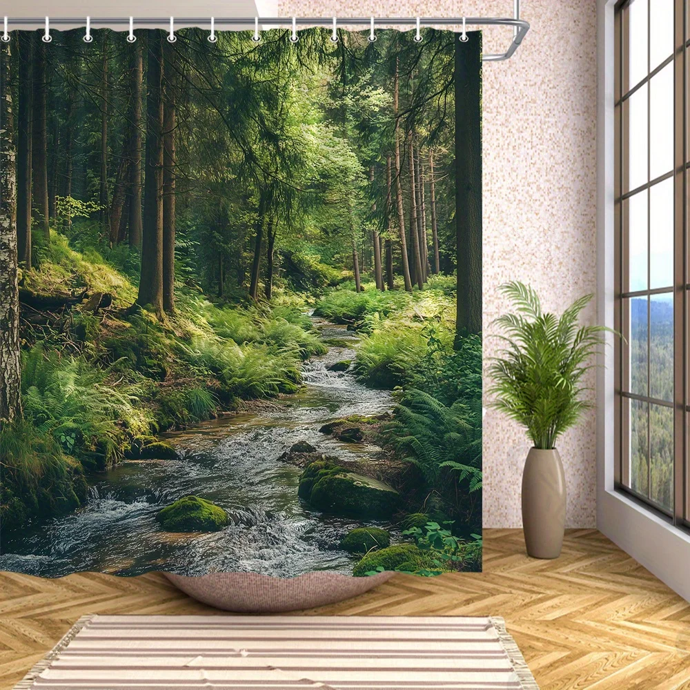 

1 шт., занавеска для ванны Serene Forest Stream, полиэфирная ткань, декор для ванной комнаты с моховыми камнями, высокими сосновыми деревьями и солнечным светом