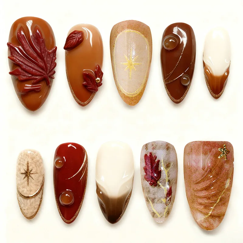 

24PCS Autumn Brown Almond Press on Fake Nails 3D Maple Leaves Golden Star Pattern French False Nails Detachable Simple Nail Tips