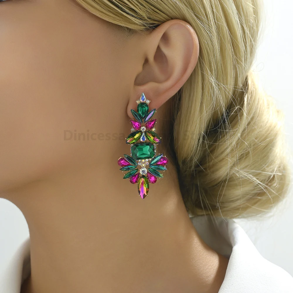 Multicolor Shiny Glass Charm Bride Wedding Party Pendant Jewelry Trend Luxury Design Unusual Glamorous Dangle Earrings For Women