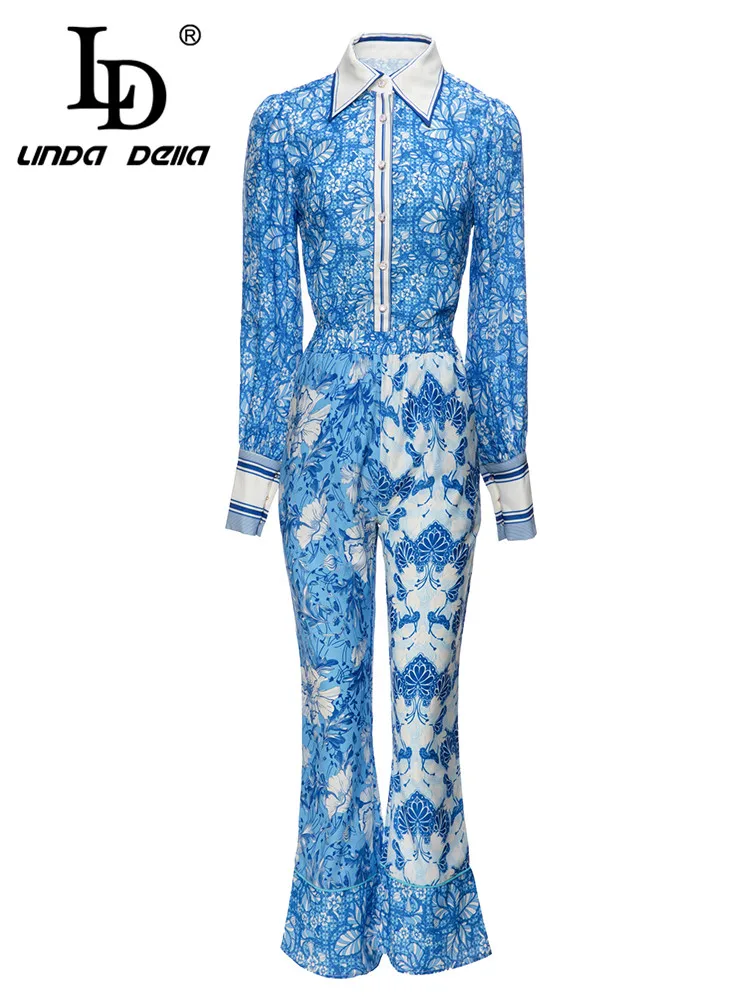 

LD LINDA DELLA 2023New Style Fashion Designer Set Women Blue Single-breasted Top+Hollow Out Print Straight Trouser 2 Pieces Set